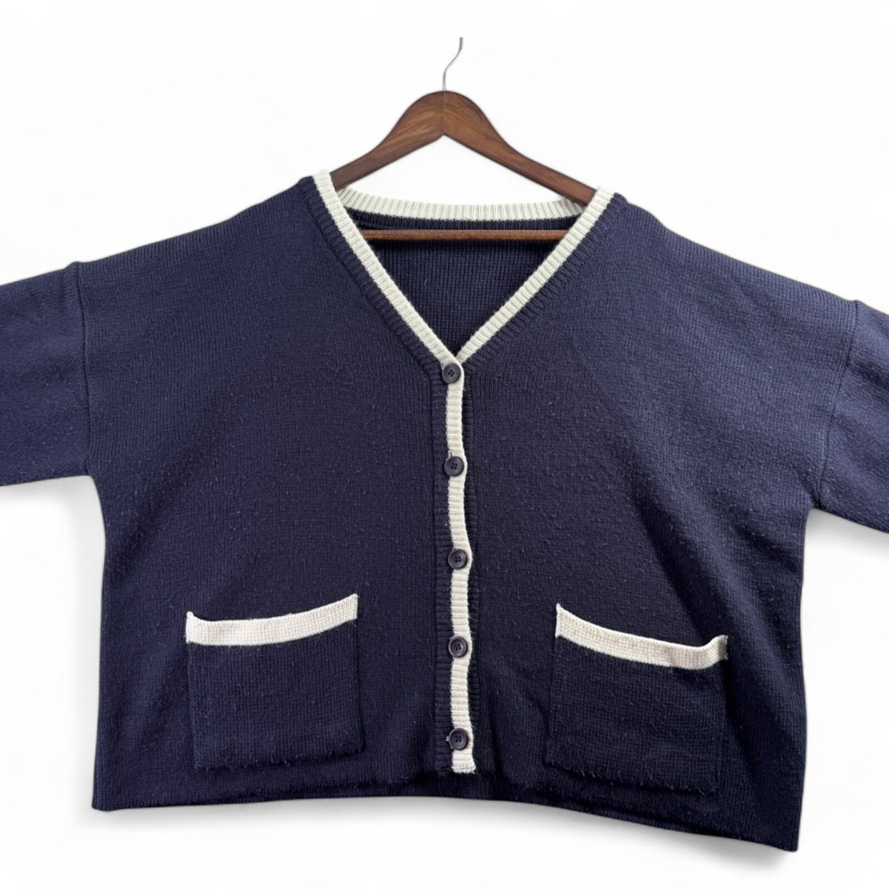 Lady Cardigan Sweater 3/4 Sleeve Navy Blue Button Up Pockets Plus Size XXL